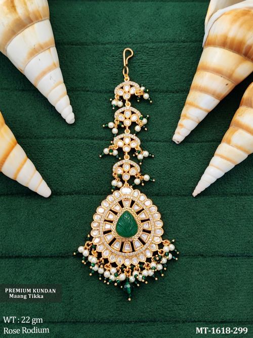Pearl Floral Maang Tikka in Rose Finish in Green, photo 2 of 6