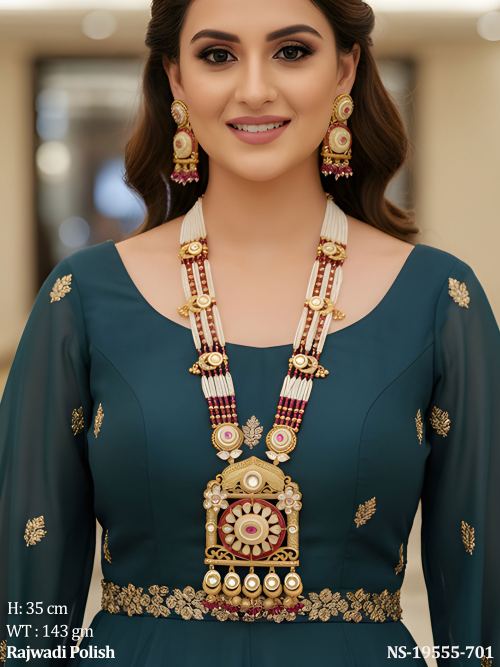 Kundan Long Necklace Set in Rajwadi Finish for Women