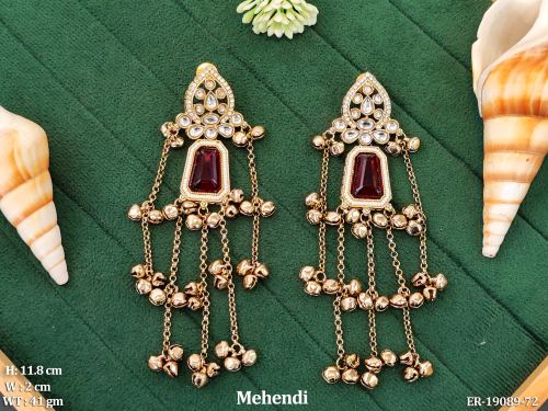 Long Stone-Studded Chain Earrings with Small Bells in Mehendi Finish in Ruby, photo 8 of 12