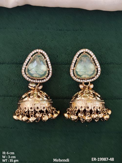 Antique Jhumka Earrings with Stone Work in Mehendi Finish