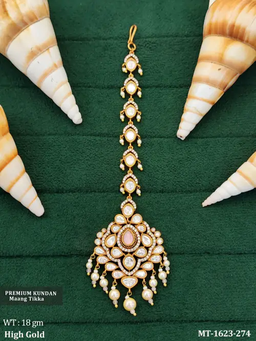 Heavy Bridal Kundan Tikka with Pearl Hangings  