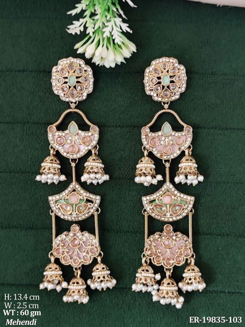 Jhumka Earrings with Pearls in Mehendi Finish in Mint Green Pink, photo 8 of 9