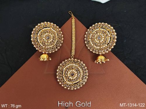 Fancy Style Party wear High Gold Polish antique Designer Maang Tikka with Earring