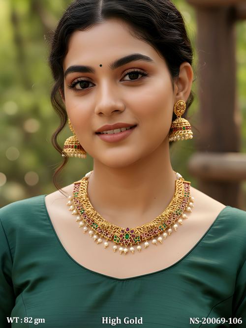 Pearl South Indian Necklace Set for Women in Ruby Green, photo 3 of 4