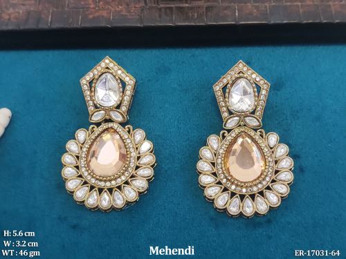 Mehendi Finish Stone-Studded Earrings for Women in Transparent Yellow, photo 2 of 5