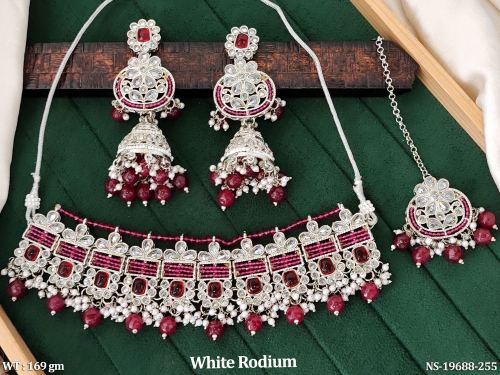 White Finish Choker Necklace Set with Earrings and Tikka in Ruby, photo 2 of 3