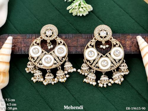 Antique Stone-Studded Jhumka Earrings in Mehendi Finish in White, photo 7 of 9