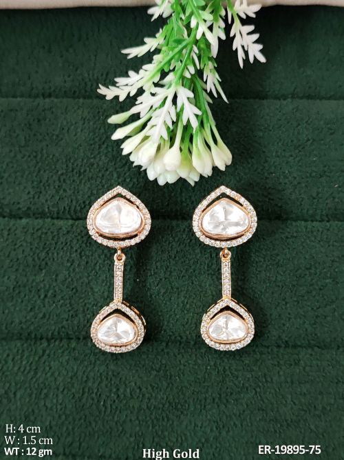 White Kundan Drop Earrings with Stone Work, photo 2 of 3