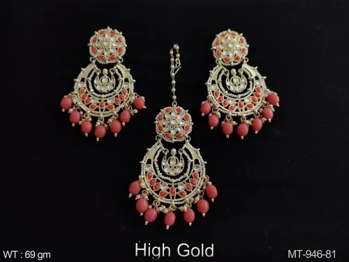 Beautiful Fancy Style High Gold Polish Clustered Pearl Full white Kundan Stones Designer Maang Tikka with Earring