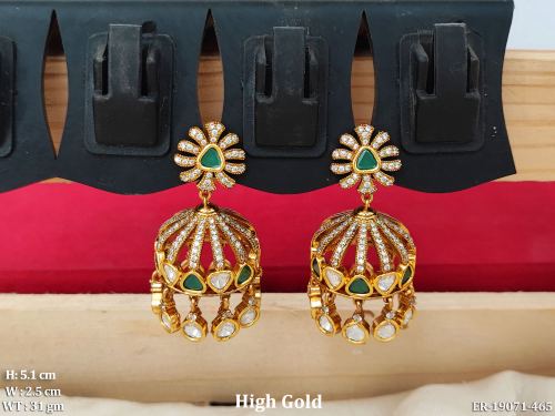 Bridal Kundan Jhumka Earrings with Stone Work in Green, photo 2 of 5