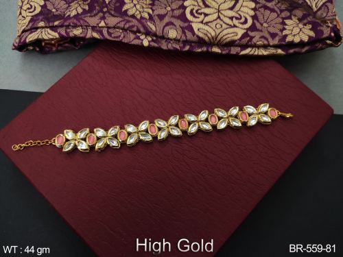 Classic Party Wear Kundan Bracelet for Women in Neon Peach, photo 7 of 8