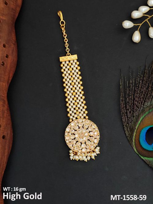 Stone-Studded Antique Maang Tikka in Transparent Yellow, photo 6 of 9