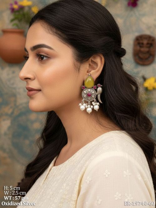 Bird Motif Oxidised Finish Stone-Studded Earrings, photo 2 of 3