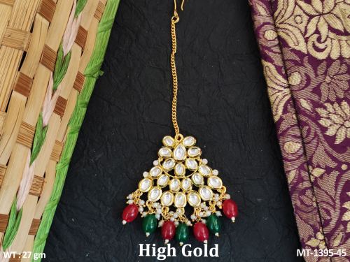 Classic Pearl Kundan Tikka in Ruby Green, photo 3 of 5
