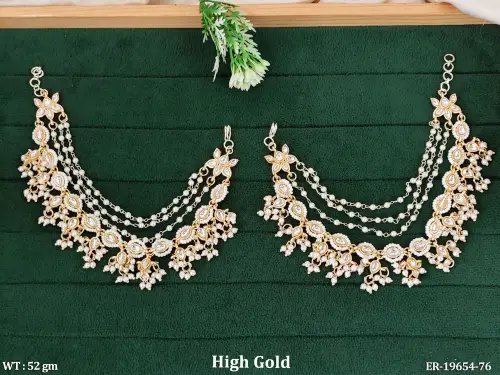 Pearl Kundan Kaan Chain Earrings with Stone Work