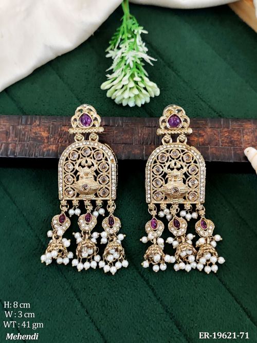 Traditional Stone-Studded Jhumka Earrings in Mehendi Finish in Purple, photo 5 of 14
