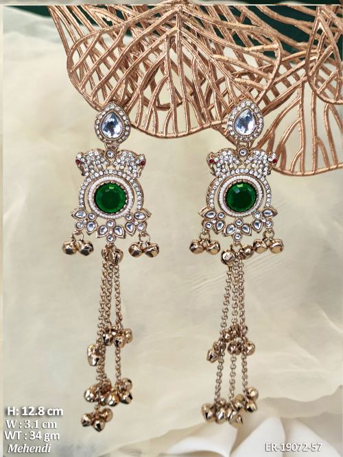 Earrings with Stone Work in Mehendi Finish in Green, photo 2 of 9