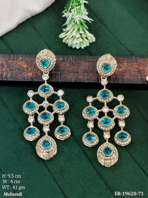 Long Antique Earrings with Stone Work in Mehendi Finish in Rama Green, photo 2 of 9
