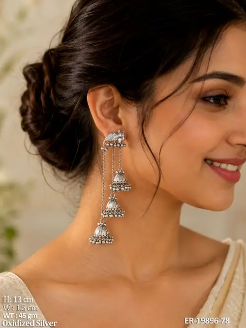Long Jhumka Earrings with Stone Work in Oxidised Finish