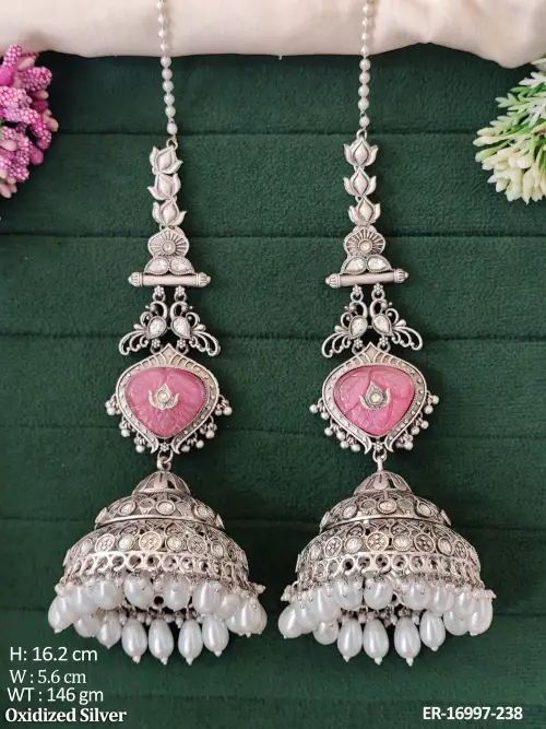 Oxidised Pearl Jhumka Earrings with Ear Chains