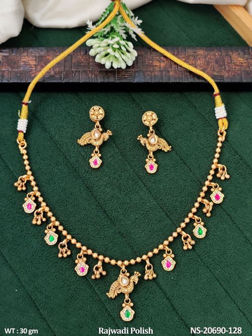 Stone-Studded Peacock Necklace Set with Earrings in Rajwadi Finish, photo 2 of 3