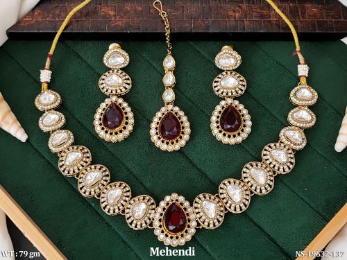 Mehendi Finish Kundan Stone-Studded Necklace Set for Women