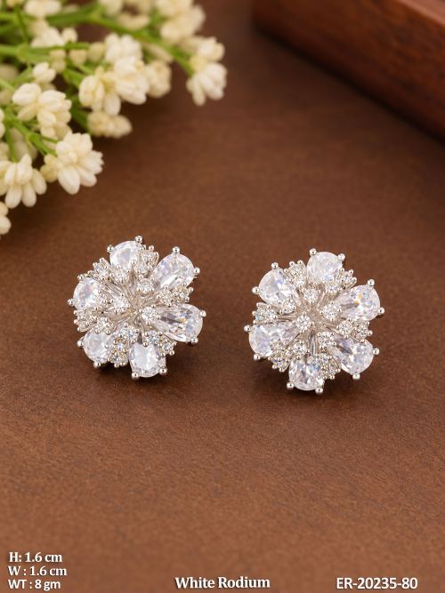 AD Floral Stud Earrings in White Finish, photo 2 of 2
