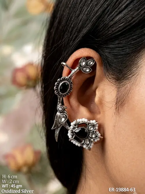 Stone-Studded Ear Cuff Earrings in Oxidised Finish