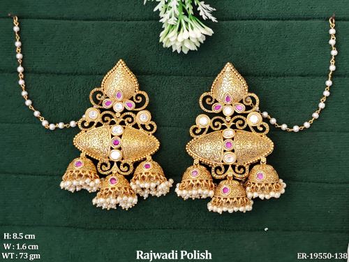Ethnic Stone-Studded Jhumka Earrings in Rajwadi Finish in Ruby, photo 2 of 5