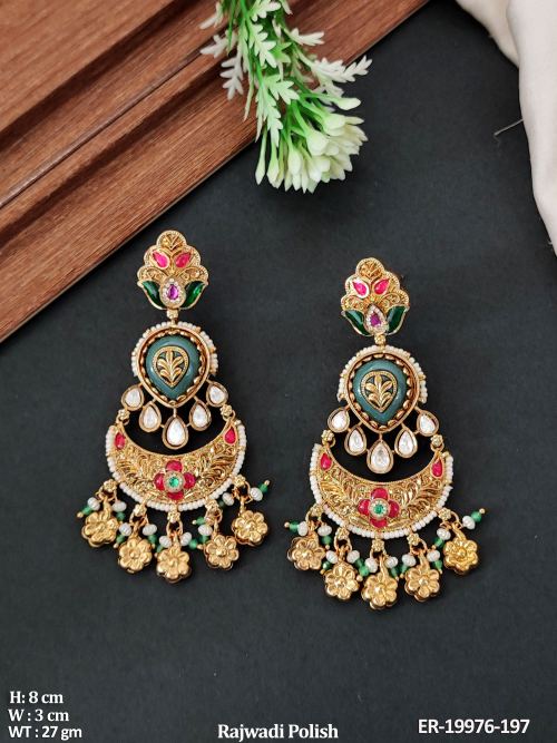 Rajwadi Finish Antique Stone-Studded Chandbali Earrings for Women in Ruby Green, photo 2 of 5