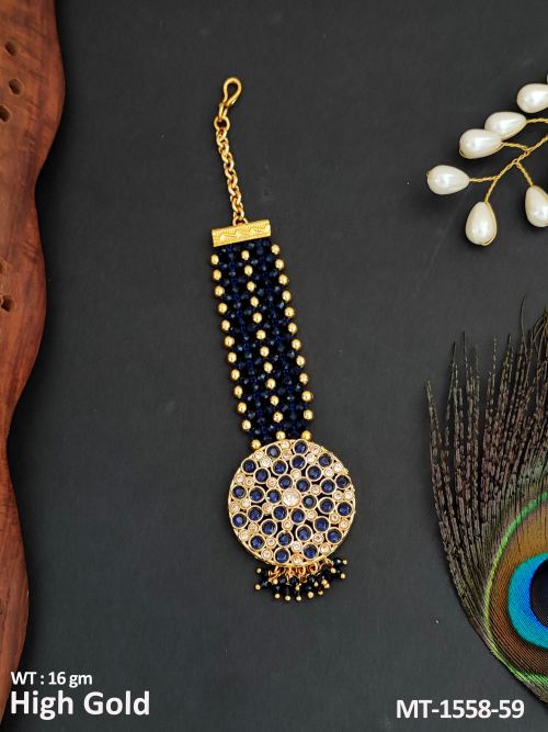 Stone-Studded Antique Maang Tikka in Blue, photo 2 of 9