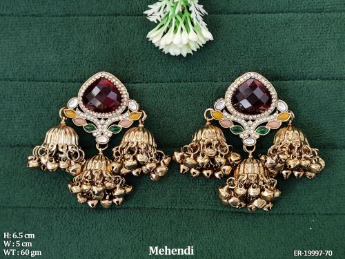 Mehendi Finish Antique Stone-Studded Jhumka Earrings for Women in Ruby MULTI, photo 2 of 6