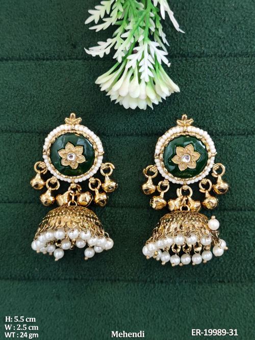 Pearl Jhumka Earrings in Mehendi Finish in Green, photo 5 of 7