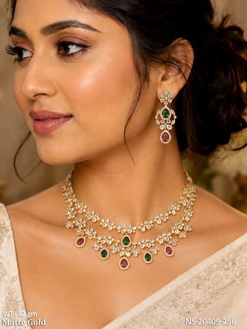 Stone-Studded Floral Necklace Set in Matte Finish