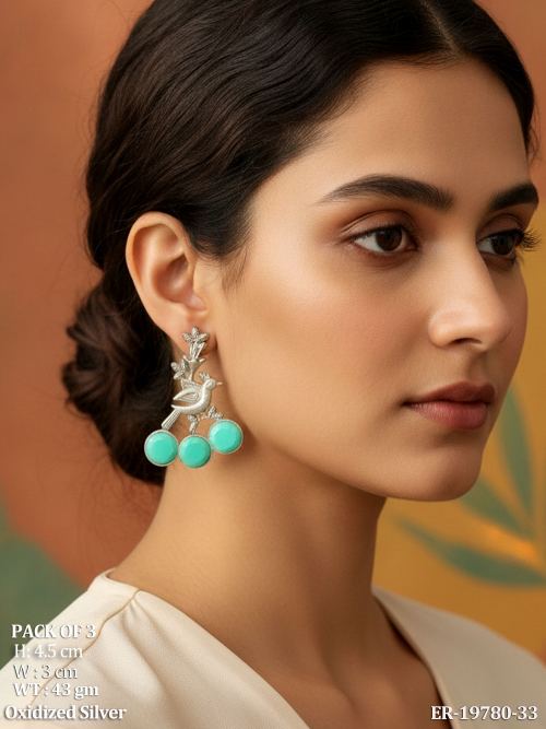 Bird Motif Statement Stone-Studded Earrings in Oxidised Finish