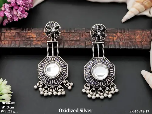 Stone-Studded Earrings in Oxidised Finish in Black, photo 2 of 7