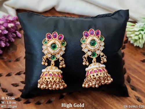Party Wear Antique Stone-Studded Jhumka Earrings in Ruby Green, photo 3 of 5