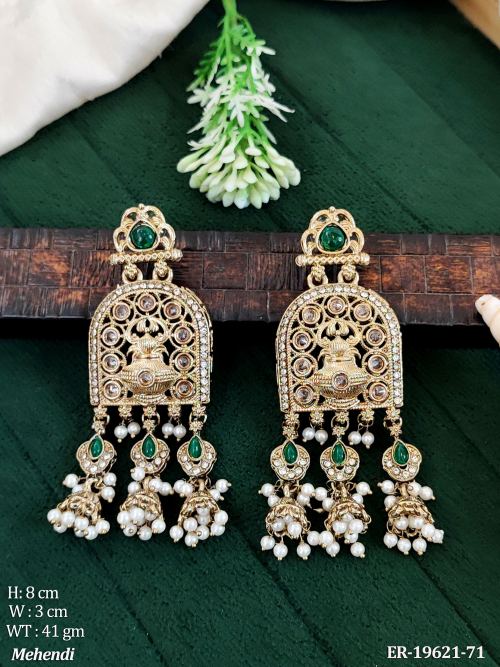 Traditional Stone-Studded Jhumka Earrings in Mehendi Finish in Green, photo 8 of 14