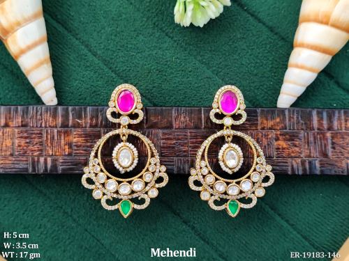 Kundan Drop Earrings with Pearls in Ruby Green, photo 2 of 5