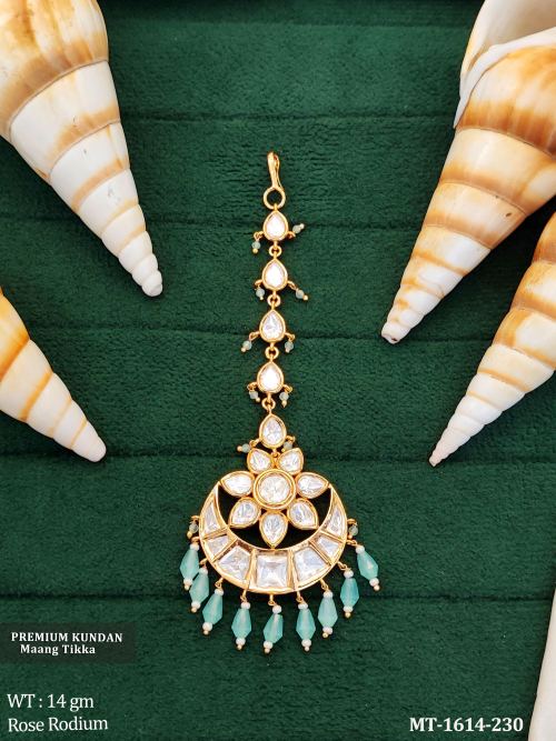 Stone-Studded Floral Maang Tikka in Rose Finish in Mint Green, photo 5 of 6