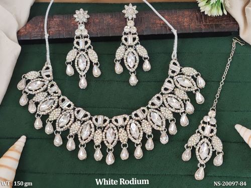 Antique Stone-Studded Necklace Set with Earrings in White Finish, photo 2 of 2