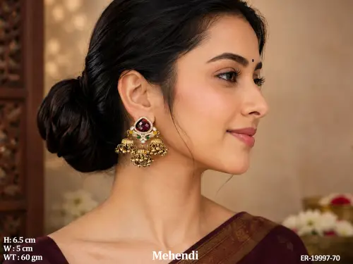 Mehendi Finish Antique Stone-Studded Jhumka Earrings for Women