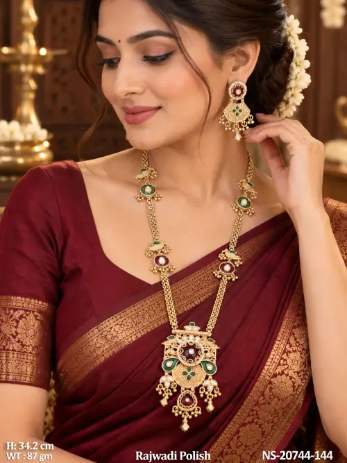 Antique Necklace Set with Earrings with Stone Work in Rajwadi Finish