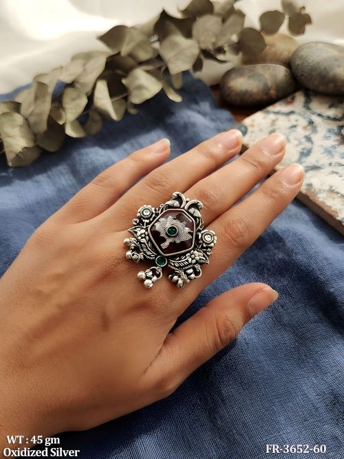 Oxidised Finish Stone-Studded Finger Ring for Women, photo 2 of 3