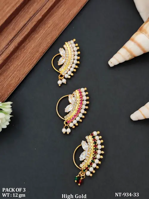 High Gold CZ Maharashtrian Nath Combo Pack of 3