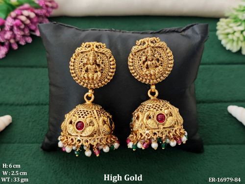 Stone-Studded Temple Jhumka Earrings for Women in Ruby Green, photo 3 of 5