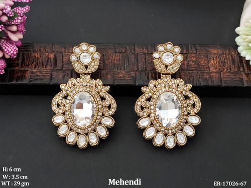 Party Wear Antique Earrings with Stone Work in White, photo 5 of 8