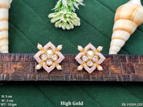 Stone-Studded Kundan Stud Earrings for Women in Light Pink, photo 4 of 4