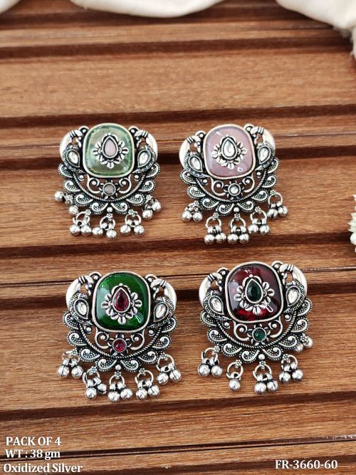 Oxidized Silver Vintage Stone Finger Ring Set Pack of 4