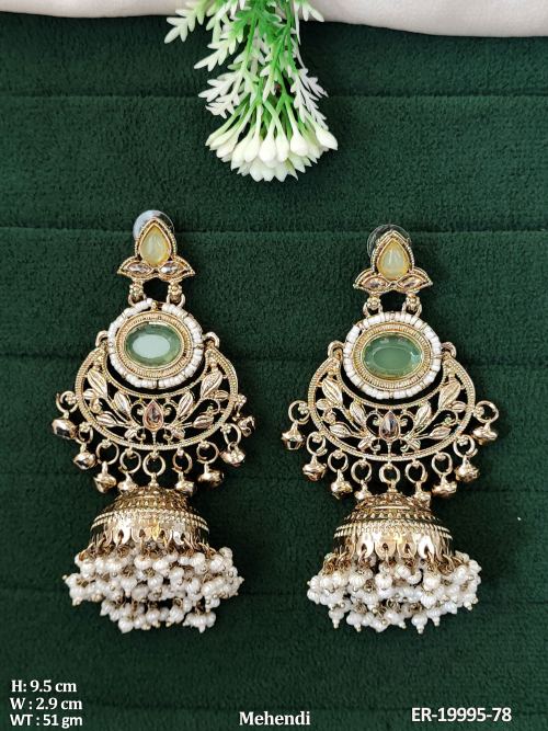 Pearl Traditional Jhumka Earrings for Women in Mint Green, photo 5 of 7